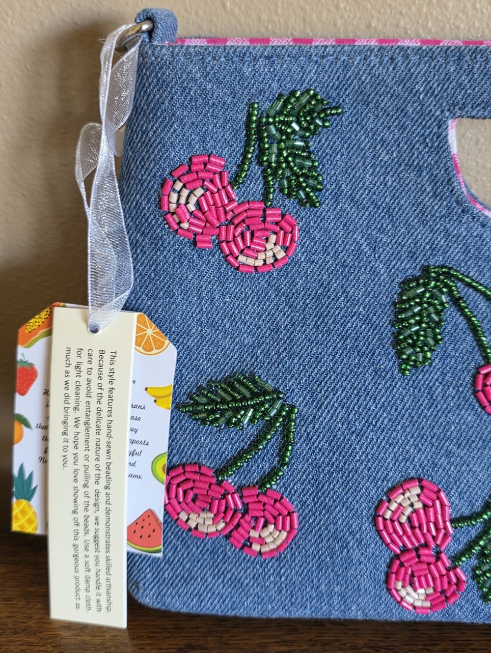 HANDMADE IN INDIA BLUE DENIM BEADED CLUTCH BAG W/ BAG CHARM *CHERRIES* NEW - Picture 13 of 16